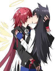 Rule 34 | 2girls, animal ears, arknights, black gloves, black hair, black jacket, blue gloves, closed eyes, commentary request, cross, cross earrings, earrings, energy wings, exusiai (arknights), exusiai the new covenant (arknights), fingerless gloves, gloves, hand on another&#039;s head, hand on another&#039;s waist, hands on another&#039;s shoulders, highres, jacket, jewelry, kiss, long hair, long sleeves, medium hair, multiple girls, raiden ektk, red hair, shirt, simple background, tail, texas (arknights), texas the omertosa (arknights), white background, white shirt, wolf ears, wolf girl, wolf tail, yuri