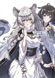 2girls animal_ear_fluff animal_ears arknights artist_name bead_necklace beads black_hair blue_eyes blue_hair blue_lips blush braid breasts colored_inner_hair dress grey_eyes grey_hair hair_ornament head_chain highres jewelry kjera_(arknights) long_hair multicolored_hair multiple_girls necklace pramanix_(arknights) side_braids snow_leopard_ears snow_leopard_girl snow_leopard_tail spotted_tail turtleneck turtleneck_dress twitter_username w white_dress white_hair wn_(wani-noko)