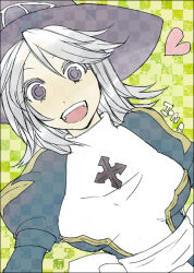 1girl :d bad_id black_hat blue_dress breasts checkered_background dress dutch_angle eye_print green_background grey_eyes grey_hair hat heart high_priest_(ragnarok_online) juliet_sleeves lala_(sputnik) long_hair long_sleeves looking_at_viewer medium_breasts open_mouth puffy_sleeves ragnarok_online sash smile solo teeth two-tone_dress upper_body upper_teeth_only white_dress white_sash witch_hat