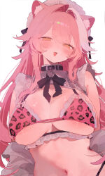 1girl :3 animal_ear_fluff animal_ears animal_print bikini black_panties blush breasts cleavage collar eyeshadow frills hair_intakes highres hololive hololive_english i_melochi large_breasts leopard_print leopard_print_bikini long_hair looking_at_viewer makeup multicolored_hair navel open_mouth panther_ears panther_girl panties pink_eyeshadow pink_hair print_bikini raora_panthera simple_background smile solo streaked_hair sweat swimsuit underwear virtual_youtuber white_background white_hair yellow_eyes