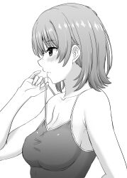 1girl absurdres blush breasts cleavage closed_mouth clothes_pull collarbone competition_swimsuit from_side greyscale highres inanaki_shiki isshiki_iroha large_breasts monochrome one-piece_swimsuit one-piece_swimsuit_pull profile short_hair simple_background solo swimsuit upper_body white_background yahari_ore_no_seishun_lovecome_wa_machigatteiru.