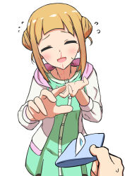 2girls alice_gear_aegis aroused_nosebleed blonde_hair blood blood_on_face blush closed_eyes cone_hair_bun dress flying_sweatdrops green_dress hair_bun highres hood hood_down hooded_jacket jacket koyubikiri long_sleeves medium_hair multiple_girls nosebleed open_mouth pov simple_background sweatdrop takahata_nodoka tissue white_background white_jacket
