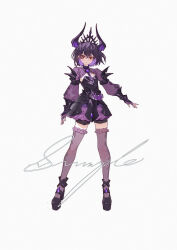 1girl above_cleavage_cutout absurdres ankle_cuffs argyle_clothes argyle_thighhighs armor black_crown black_hair black_necktie black_shoes black_shorts bracer breastplate brown_eyes closed_mouth cloudyman collared_shrug colored_inner_hair crown demon_girl demon_horns determined dot_nose faulds fingerless_gloves frilled_skirt frilled_thigh_strap frills frown full_body furrowed_brow gloves high_collar highres horns light_blush long_sleeves looking_at_viewer mary_janes miniskirt multicolored_hair necktie original outstretched_arm platform_shoes puffy_long_sleeves puffy_sleeves purple_gloves purple_hair purple_horns purple_shrug purple_skirt purple_thighhighs sample_watermark shoes short_hair shorts shorts_under_skirt shoulder_spikes shrug_(clothing) simple_background skirt solo spikes standing tachi-e thigh_strap thighhighs tsurime two-tone_hair watermark white_background