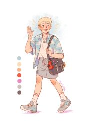 Rule 34 | 1boy, bag, bisexual flag pin, blonde hair, chipped tooth, commentary, english commentary, flapjack (the owl house), full body, ghost print, grey shorts, highres, holding, holding bag, hunter (the owl house), jewelry, legs, male focus, morilatte art, necklace, open clothes, open shirt, pointy ears, purple eyes, scar, scar on face, shirt, shoes, short hair, short sleeves, shorts, shoulder bag, smile, sneakers, socks, striped clothes, striped socks, the owl house, waving, white background, white shirt, white socks