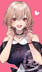 1girl adjusting_hair bare_shoulders black_shirt blush bracelet brown_hair clothing_cutout furen_e_lustario furen_e_lustario_(2nd_costume) heart jewelry mar0maru necklace nijisanji off-shoulder_shirt off_shoulder open_mouth pink_background red_eyes ribbon shirt shoulder_cutout skirt solo upper_body virtual_youtuber white_skirt wolf_cut
