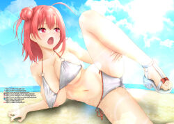 1girl ahoge belly bikini blush breasts cameltoe cleavage collarbone commentary_request day fanbox_username feet fisheye gluteal_fold hair_bun halterneck hand_on_thighs hands_up highres horizon instagram_logo instagram_username large_breasts leg_up lens_flare lying medium_hair misaka-net navel nipple_slip nipples on_side open_mouth paid_reward_available patreon_username pink_eyes pink_hair pixiv_logo pixiv_username sand shoes side-tie_bikini_bottom single_hair_bun single_side_bun sky solo spread_legs stomach string_bikini swimsuit thighs toes twitter_logo twitter_username water white_bikini white_shoes yahari_ore_no_seishun_lovecome_wa_machigatteiru. youtube_logo youtube_username yuigahama_yui