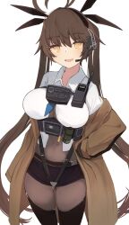 Rule 34 | 1girl, ahoge, b6 (b6 n2), brown coat, brown hair, brown pantyhose, coat, collared shirt, covered navel, girls&#039; frontline, headset, highres, load bearing vest, looking at viewer, m14 (girls&#039; frontline), pantyhose, shirt, walkie-talkie, white shirt