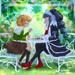 1boy 1girl :d absurdres angry artist_name black_pantyhose black_socks blurry blurry_background blush board_game brown_hair brown_skirt celestia_ludenberg center_frills chair chess chess_piece danganronpa:_trigger_happy_havoc danganronpa_(series) day drill_hair frilled_jacket frilled_skirt frills from_side fujisaki_chihiro grass green_jacket high_heels highres holding holding_chess_piece jacket kneehighs layered_skirt long_sleeves open_mouth outdoors pantyhose playing_chess profile red_shoes shirt shoes short_hair sitting skirt smile socks table trap twin_drills twinklelitchii twintails white_shirt