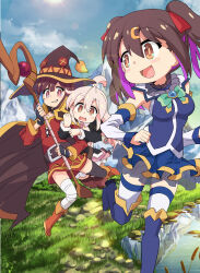 Rule 34 | 3girls, ahoge, aqua (konosuba), aqua (konosuba) (cosplay), arm hug, bandaged leg, bandages, bare shoulders, belt, belt collar, blue sky, boots, brown hair, cape, cloud, collar, cosplay, detached sleeves, fingerless gloves, genderswap, genderswap (mtf), gloves, grass, grin, hair ornament, hair ribbon, hat, highres, holding, holding staff, hozuki momiji, kono subarashii sekai ni shukufuku wo!, long hair, long sleeves, megumin, megumin (cosplay), mountain, multiple girls, necktie, onii-chan wa oshimai!, open mouth, orange eyes, oyama mahiro, oyama mihari, parody, pink hair, red eyes, ribbon, shirt, short hair, siblings, single thighhigh, sisters, skirt, sky, sleeveless, sleeveless shirt, smile, staff, thighhighs, twintails, witch hat, ximu shilang, yunyun (konosuba), yunyun (konosuba) (cosplay), zettai ryouiki