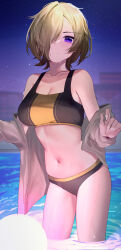 1girl absurdres bikini black_bikini blonde_hair blue_eyes breasts commentary english_commentary hair_over_one_eye highres kebohan large_breasts love_live! love_live!_nijigasaki_high_school_idol_club mia_taylor navel night night_sky one_eye_covered pool shirt_partially_removed short_hair sky solo standing swimsuit wet