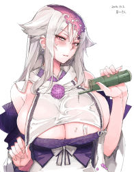 Rule 34 | 1girl, artist name, blush, breasts, dated, earrings, female focus, highres, huge breasts, jewelry, large breasts, long hair, looking at viewer, pink eyes, sengoku bushouki muramasa, silver hair, sketch, solo, tashiro sanki (sengoku bushouki muramasa), upper body, white background, whoosaku