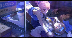 2girls absurdres all_fours alternate_costume ass bent_over blush breasts brown_hair casual eyewear_hang geez genshin_impact girl_on_top hair_spread_out hairband highres holding_hands hu_tao_(genshin_impact) hu_tao_(lawson)_(genshin_impact) indoors jacket large_breasts looking_at_viewer lying multiple_girls on_back on_floor orange_eyes orange_hair ponytail red_eyes shirt shorts sleeveless sleeveless_shirt smile thighhighs twintails unworn_eyewear white_thighhighs yoimiya_(genshin_impact) yoimiya_(lawson)_(genshin_impact) yuri