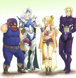 1990s_(style) armor beard blonde_hair blue_eyes boots cain_highwind cape cecil_harvey cid_pollendina earrings facial_hair final_fantasy final_fantasy_iv gloves goggles headband jewelry leotard long_hair masu pantyhose ponytail rosa_farrell short_hair smile tiara white_hair