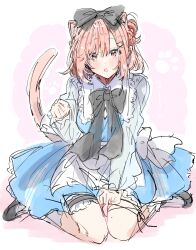 1girl animal_ears black_shoes blue_dress blush cat_ears cat_girl commentary_request dress hair_between_eyes highres kemonomimi_mode kino_himari open_mouth orange_eyes orange_hair paw_pose sasayaku_you_ni_koi_wo_utau shirt shoes short_hair solo takeshima_eku thigh_strap white_shirt