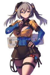 1girl absurdres adjusting_clothes adjusting_necktie american_flag artist_name bags_under_eyes belt_buckle black_skirt blue_eyes blue_sleeves breasts buckle carrying_over_shoulder chest_harness cleavage clenched_teeth collar collared_shirt commentary commission cowboy_shot dated diesel_locomotive electric_locomotive emd_dm30ac english_commentary english_text glaring goggles grey_hair hair_between_eyes hair_ribbon harness highres large_breasts light_blush locomotive logo long_island_rail_road long_sleeves looking_at_viewer medium_hair miniskirt necktie open_mouth original personification pleated_skirt ribbon shirt shoulder_strap signature simple_background skirt solo standing star_(symbol) teeth thigh_strap thighs train twintails unworn_goggles watermark white_background yellow_ribbon yellow_shirt zhvo