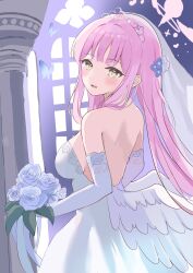 1girl absurdres backless_dress backless_outfit bare_back bare_shoulders blue_archive blue_flower blush bouquet breasts bridal_veil crown dress elbow_gloves feathered_wings flower gloves hair_flower hair_ornament highres holding holding_bouquet long_hair mika_(blue_archive) open_mouth pink_hair revision sidelocks sleeveless sleeveless_dress smyin_rii solo strapless strapless_dress veil wedding_dress white_dress white_flower white_gloves wings yellow_eyes