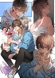 Rule 34 | 1boy, aged down, animal, animal on hand, animal on shoulder, animalization, antenna hair, aster (nu carnival), bandaid, bandaid on cheek, bandaid on face, bare shoulders, bat (animal), bird, black pants, blue jacket, blush, brown eyes, brown hair, burger, closed mouth, collage, collarbone, collared shirt, creature, dante (nu carnival), eating, eiden (nu carnival), fangs, father (nu carnival), fellatio gesture, food, food on face, fox, full body, hair between eyes, hand up, highres, holding, holding animal, holding food, hood, hood down, hoodie, implied sex, implied yaoi, invisible chair, jacket, jewelry, kuya (nu carnival), leopard, long sleeves, looking at viewer, male focus, miyamoyan, morvay (nu carnival), multiple views, necklace, nipples, nu carnival, off shoulder, open clothes, open collar, open mouth, open shirt, owl, pants, saliva, sexually suggestive, shirt, shoes, short hair, simple background, single bare shoulder, sitting, smile, sneakers, solo, sweat, teeth, tongue, tongue out, topper (nu carnival), wet, white background, white hoodie, white shirt, white shoes