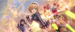 3girls :d \||/ ahoge bare_shoulders black_hair black_skirt blonde_hair blue_dress blue_gloves breasts cielo_(konosuba) closed_eyes cloud cloudy_sky cropped_jacket crowd dress erika_(konosuba) framed_breasts from_below game_cg gloves glowstick green_eyes green_ribbon hair_between_eyes hair_tie hand_on_own_thigh hand_up hat highres idol idol_clothes jacket juliet_sleeves kono_subarashii_sekai_ni_shukufuku_wo! konosuba!_fantastic_days large_breasts layered_skirt leaning_forward lia_(konosuba) light_blush long_hair long_sleeves looking_at_viewer looking_down medium_breasts midriff miniskirt multiple_girls neck_ribbon off-shoulder_dress off_shoulder official_alternate_costume official_art open_mouth oshi-katsu outdoors outstretched_arms pink_hair puffy_long_sleeves puffy_sleeves raglan_sleeves rainbow raised_eyebrows red_jacket ribbon short_hair single_sidelock skirt sky small_breasts smile stage striped_clothes sun sunlight sunset thighs twintails vertical-striped_clothes very_long_hair vest waistcoat waving wavy_hair white_hat white_sleeves