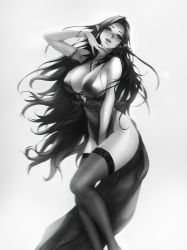 1girl arm_between_legs arm_up armlet artist_name ass bare_shoulders between_breasts blush borrowed_character bracelet breasts cleavage commentary covering_privates covering_crotch dress english_commentary feet_out_of_frame greyscale head_tilt highres jewelry large_breasts lips long_dress long_hair monochrome necklace no_panties original parted_lips pelvic_curtain pointy_ears side_slit simple_background solo spykeee thighhighs thighs twitter_username very_long_hair watermark white_background