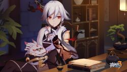 1girl absurdres animal bare_shoulders bird black_dress black_gloves black_hair black_thighhighs bonsai book bookshelf chicken chinese_text closed_mouth collar cup dress dual_persona english_text fu_hua fu_hua_(herrscher_of_sentience) fu_hua_(onyx_simurgh)_(herrscher_of_sentience) fu_hua_(valkyrie_accipiter) fur-trimmed_dress fur_trim gloves hair_between_eyes hair_ornament hairpin hand_on_animal highres holding holding_animal honkai_(series) honkai_impact_3rd indoors jingwei_(bird) leaf logo long_hair low-tied_long_hair low_ponytail multicolored_hair official_alternate_costume official_art plant playing_with_own_hair ponytail red_eyes simplified_chinese_text sitting sleeveless sleeveless_dress solo streaked_hair sunglasses table tea teacup teapot thighhighs third-party_source white_gloves white_hair
