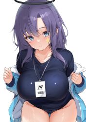 1girl black_shirt blue_archive blue_buruma blue_jacket buruma gym_shirt gym_uniform halo highres id_card jacket jacket_partially_removed mechanical_halo official_alternate_costume shirt solo star_sticker sticker_on_face track_jacket yuuka_(blue_archive) yuuka_(track)_(blue_archive) zarashi