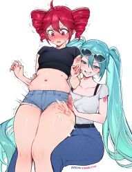 2girls absurdres aqua_eyes aqua_hair black_shirt blue_pants blue_shorts blush breasts collarbone commentary_request denim drill_hair eyewear_on_head hatsune_miku highres jeans kasane_teto long_hair medium_breasts medium_hair multiple_girls navel paid_reward_available pants patreon_username qiandaiyiyu red_eyes red_hair shirt short_shorts short_sleeves shorts sitting slap_mark smile stomach sunglasses t-shirt thighs twintails utau very_long_hair vocaloid white_background white_shirt