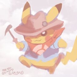 :3 ariga_hitoshi bandana bandana_around_neck blue_shirt bright_pupils closed_mouth clothed_pokemon commentary_request gen_1_pokemon grey_hat happy hat holding holding_pickaxe long_sleeves nintendo no_humans pickaxe pikachu pokemon pokemon_(creature) pokemon_focus shirt signature smile solo white_pupils