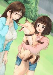 2girls animal animal_ear_fluff animal_ears animal_feet batta_(kanzume_quality) black_eyes black_hair blue_jacket carrying commentary_request cropped denim denim_shorts dress facing_viewer fox glasses grass hand_on_own_ear holding holding_animal jacket jewelry kitsune_no_oyome-chan looking_at_animal multiple_girls necklace outdoors paid_reward_available pawpads pink_jacket pink_shirt shirt shorts snout tree tucking_hair whiskers
