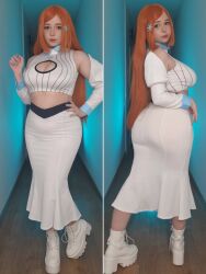 1girl bleach bleach:_sennen_kessen-hen breasts brown_eyes cleavage cleavage_cutout clothing_cutout cosplay cosplay_photo detached_sleeves female_focus full_body hair_ornament hairclip hands_on_own_hips high_tops indoors inoue_orihime inoue_orihime_(cosplay) large_breasts long_hair long_skirt orange_hair photo_(medium) shoes skirt sneakers yoshinobi_cos