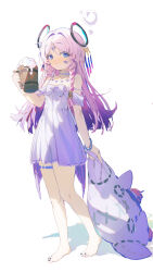 1girl absurdres bare_shoulders barefoot beer_mug blue_eyes braid citlali_(genshin_impact) closed_mouth commentary_request coria cup drunk facial_mark feet forehead_mark full_body genshin_impact highres holding holding_cup looking_at_viewer mug multicolored_hair pink_hair pink_pupils simple_background smile solo standing toes triangle triangle_facial_mark twin_braids white_background