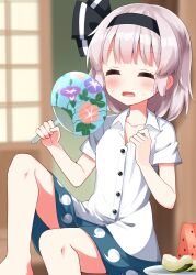 1girl aqua_skirt black_hairband black_ribbon blurry blurry_background blush buttons closed_eyes collarbone collared_shirt commentary_request feet_out_of_frame food fruit grey_hair hair_ribbon hairband hand_fan highres hitodama_print holding holding_fan hot konpaku_youmu open_collar open_mouth print_skirt ribbon ruu_(tksymkw) shirt short_hair short_sleeves sitting skirt solo sweat touhou watermelon watermelon_slice white_shirt