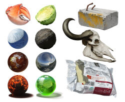 animal_head ball brick cabbage crab_claw highres no_humans orb original skull_head snack sowasi tagme white_background