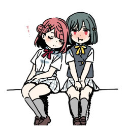 2girls :t black_hair black_vest blush bob_cut brown_shoes closed_eyes closed_mouth collared_shirt commentary_request dress_shirt fang fang_out full_body grey_socks kneehighs leaning_on_person leaning_to_the_side loafers love_live! love_live!_nijigasaki_high_school_idol_club mifune_shioriko miniskirt multiple_girls neck_ribbon nijigasaki_school_uniform no_vest nose_blush plaid_clothes plaid_skirt pleated_skirt red_eyes red_ribbon ribbon school_uniform shinanoya_(satanicad) shirt shoes short_hair short_sleeves simple_background sitting skirt sleeping sleeping_upright smile socks split_mouth summer_uniform u_u uehara_ayumu vest white_background white_shirt white_skirt yellow_ribbon zzz