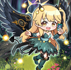 1girl absurdres black_wings blonde_hair blue_archive chibi duel_monster fairy feathered_wings halo highres hugin_the_runick_wings ibuki_(blue_archive) long_hair maomaoquing mini_person minigirl original runes runick_fountain solo wings yellow_halo yu-gi-oh!