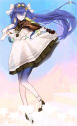 1girl absurdres black_shoes blonde_hair blue_background blue_hair bow_(music) closed_eyes colored_inner_hair dress floating_hair foot_up full_body gloves gradient_background gradient_hair hair_intakes high_heels highres holding holding_bow_(music) holding_instrument holding_violin instrument juliet_sleeves long_hair long_sleeves multicolored_hair music oakiee playing_instrument puffy_sleeves reverse:1999 shoes short_dress smile socks solo standing standing_on_one_leg starry_skin very_long_hair violin voyager_(reverse:1999) white_dress white_gloves white_socks yellow_background