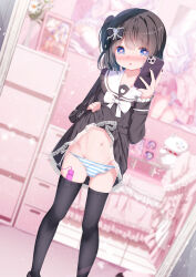1boy black_hair black_serafuku black_shirt black_skirt black_thighhighs blue_eyes blush bow bulge chinomaron clothes_lift crossdressing egg_vibrator erection erection_under_clothes hair_bow heart heart-shaped_pupils highres holding holding_phone indoors lifting_own_clothes long_hair long_sleeves looking_at_viewer navel original panties phone school_uniform serafuku sex_toy shirt side_ponytail skirt skirt_lift solo standing striped_clothes striped_panties symbol-shaped_pupils thighhighs trap underwear vibrator vibrator_in_thighhighs