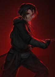 1boy black_background black_eyes black_gloves black_hair black_hoodie black_pants black_sash closed_mouth commission cowboy_shot fighting_stance fingerless_gloves glasses gloves grey_shirt hashtag-only_commentary heterochromia highres holding holding_sword holding_weapon hood hoodie light_particles looking_to_the_side male_focus numanoan original pants red_background red_eyes red_light round_eyewear sash shirt short_hair solo sword tight_clothes tight_shirt weapon