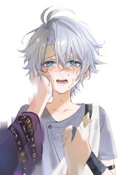 0p78xopwsj83779 1boy 1girl ahoge blue_eyes blue_shirt coat crying crying_with_eyes_open cyrene_(honkai:_star_rail) female_pov hand_on_another&#039;s_cheek hand_on_another&#039;s_face highres holding_hands honkai:_star_rail honkai_(series) phainon_(honkai:_star_rail) pov pov_hands purple_coat shirt short_hair simple_background tears toga white_background white_hair