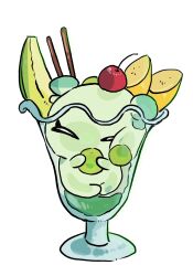 banana cherry con_(fate) cup fate/grand_order fate_(series) food food_on_head fruit fruit_on_head highres in_container in_cup nikutoskn no_humans object_on_head parfait pocky white_background