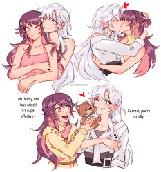 2girls absurdres aurora_(aurawra21) bare_arms blue_eyes camisole closed_eyes closed_mouth colored_inner_hair commentary dress earrings english_commentary english_text heart highres holding_teddy_bear hoop_earrings hug hug_from_behind iris_wen jacket jewelry kiss love_curse:_find_your_soulmate multicolored_hair multiple_girls off_shoulder one_eye_closed open_mouth pink_camisole pink_eyes pink_hair pink_sweater purple_hair selene_yan simple_background smile sweater white_background white_dress white_hair yellow_jacket yuri