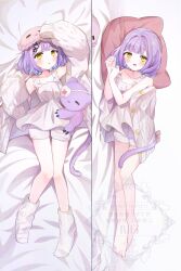1girl blush cardigan commentary_request full_body hair_tie highres looking_at_viewer lying multiple_views open_mouth purple_hair safuapurin shinomiya_runa socks stuffed_animal stuffed_toy virtual_youtuber vspo! watermark white_cardigan white_socks yellow_eyes