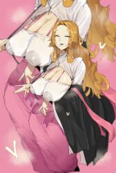 Rule 34 | 1girl, black lips, bleach, breasts, chain, chain necklace, holding, jewelry, large breasts, leebo (leeboxxx), long hair, matsumoto rangiku, mole, mole under mouth, necklace, orange hair, paid reward available, pink background, pink shawl, shawl, shihakusho, shiny skin, simple background, standing