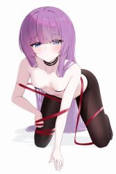 1girl absurdres all_fours azur_lane bare_shoulders bent_over black_choker black_pantyhose blue_eyes blush bound breasts choker full_body hair_over_eyes highres kneeling long_hair looking_at_viewer nude pantyhose parted_lips pasties petite purple_hair red_ribbon ribbon ribbon_bondage small_breasts solo tashkent_(azur_lane) thighs very_long_hair zerotwenty_(020)