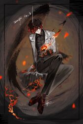 1boy 4th_match_flame_(e.g.o) black_eyes black_gloves black_hair black_pants black_shirt black_shoes black_wings closed_mouth coat collared_shirt dated e.g.o_(project_moon) embers fiery_clothing fire full_body gloves highres lab_coat lapels limbus_company notched_lapels pants pm_suguri project_moon shirt shoes single_wing solo white_coat wings yi_sang_(project_moon)