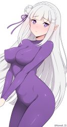1girl absurdres blue_pupils blush bodysuit braid breasts commentary covered_erect_nipples covered_navel crown_braid emilia_(re:zero) flower hair_flower hair_ornament highres large_breasts long_hair long_sleeves looking_at_viewer pointy_ears purple_bodysuit purple_eyes re:zero_kara_hajimeru_isekai_seikatsu roswell_ss simple_background skin_tight solo white_background white_hair