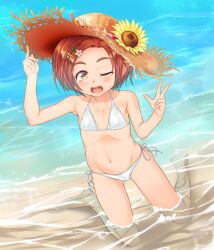 1girl beach bikini day feet flower hat highres idolmaster idolmaster_cinderella_girls loli navel one_eye_closed ribs ryuzaki_kaoru sand shirota_mizuki side-tie_bikini_bottom solo stomach straw_hat sunflower swimsuit water white_bikini