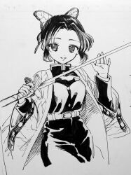 1girl belt belt_buckle buckle butterfly_hair_ornament buttons collared_dress commentary_request cropped_torso demon_slayer_uniform dress eyelashes forehead greyscale hair_ornament haori high_collar highres holding holding_sword holding_weapon japanese_clothes katana kimetsu_no_yaiba kochou_shinobu layered_sleeves long_sleeves looking_at_viewer monochrome nib_pen_(medium) no+bi= open_mouth palms pen_(medium) photo_(medium) short_hair smile solo sword traditional_media weapon wide_sleeves
