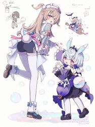 2girls :d absurdres ass black_bow black_shoes black_shorts blinky_(hunter_x_hunter) blonde_hair blue_gemstone blue_hair blush bow commentary_request cosplay costume_switch detached_sleeves electro_symbol_(genshin_impact) eyepatch fake_tail fischl_(ein_immernachtstraum)_(genshin_impact) fischl_(genshin_impact) fischl_(genshin_impact)_(cosplay) from_behind gem genshin_impact hair_between_eyes hair_ornament hands_up hat heart heart_hands heart_hands_duo highres hunter_x_hunter hydro_symbol_(genshin_impact) large_syringe long_hair long_sleeves looking_at_viewer looking_back multicolored_hair multiple_girls nurse_cap open_mouth outstretched_arm oversized_object pink_hair pom_pom_(clothes) pom_pom_hair_ornament poponnu purple_gemstone purple_sleeves red_eyes shizuku_murasaki shoes shorts sigewinne_(genshin_impact) sigewinne_(genshin_impact)_(cosplay) sitting smile standing standing_on_one_leg star_(symbol) star_in_eye symbol_in_eye syringe tail thighhighs two_side_up vision_(genshin_impact) white_background white_thighhighs