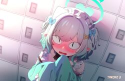 1girl absurdres aqua_dress aqua_halo aqua_sleeves black_eyes blush bow dress fang green_bow green_hair grey_hair hair_bow hair_ornament halo highres indie_virtual_youtuber looking_at_viewer medium_hair mint_fantome mint_fantome_(minto_2.0) multicolored_hair open_mouth pointy_ears skin_fang sleeves_past_fingers sleeves_past_wrists solo streaked_hair taroko3 two_side_up virtual_youtuber x_hair_ornament