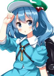 1girl :o arm_up backpack bag blue_eyes blue_hair blue_shirt blush collared_shirt commentary_request contrast_collar flat_cap frilled_shirt_collar frills green_hat hat highres jewelry kawashiro_nitori key key_necklace looking_at_viewer necklace open_mouth ruu_(tksymkw) shirt short_hair short_sleeves solo sweat touhou two_side_up upper_body